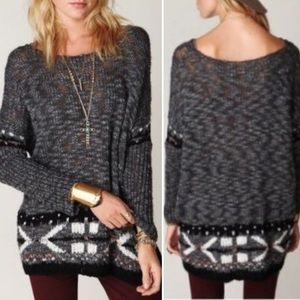 Free People Fairisle Trim Oversized Sweater Pullover Long Sleeves Sz XS